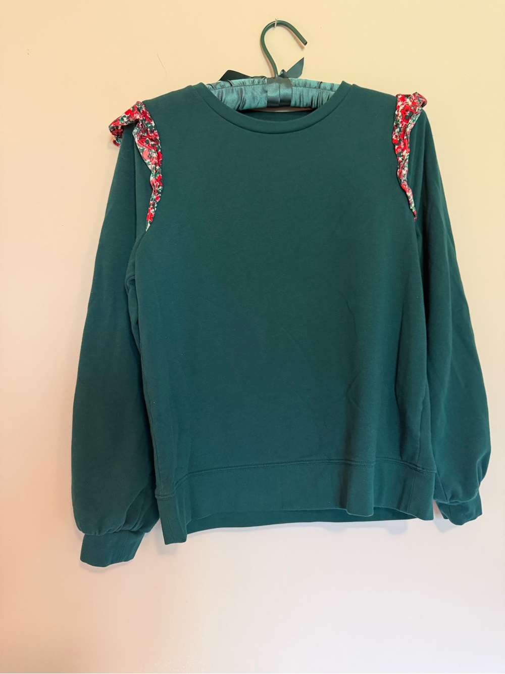 J. Crew Dark Green Crewneck Sweatshirt with Red Floral Ruffle Shoulders